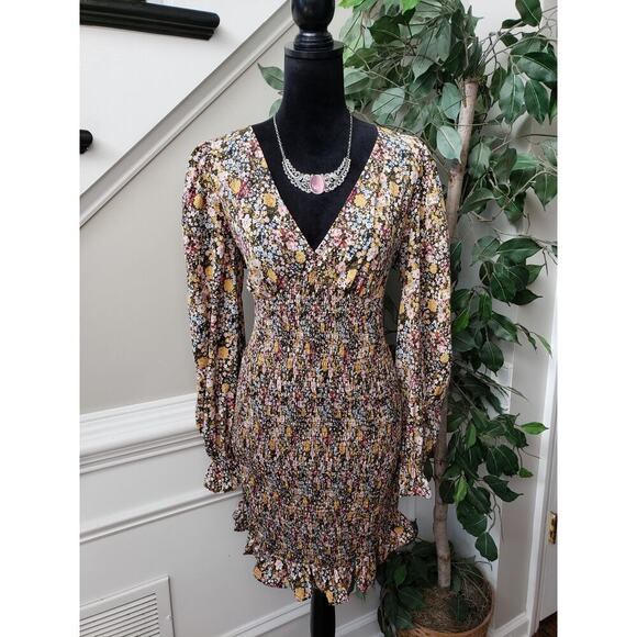 SHEIN Babydoll Dress Womens Large Multi Floral Flare Hem Smocked Deep V Neck - Picture 3 of 13